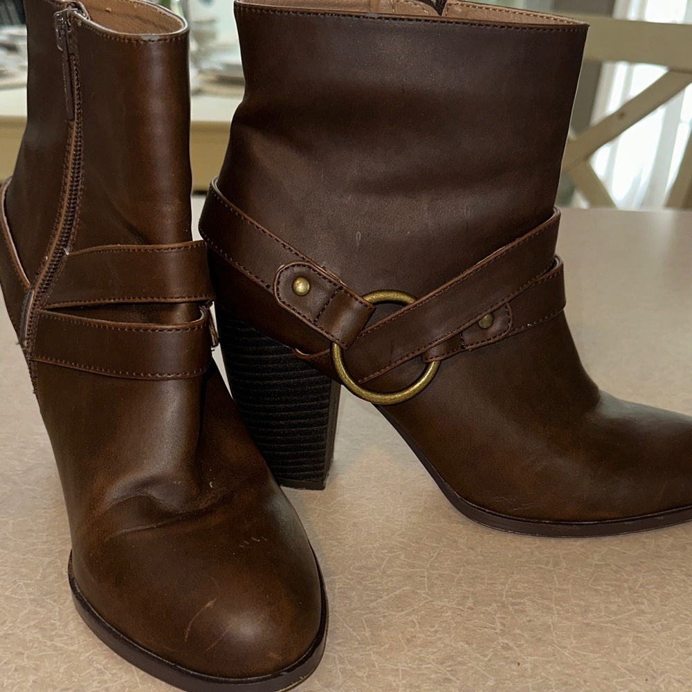 Michael Antonio Brown Leather Ankle Booties with Ring Accent